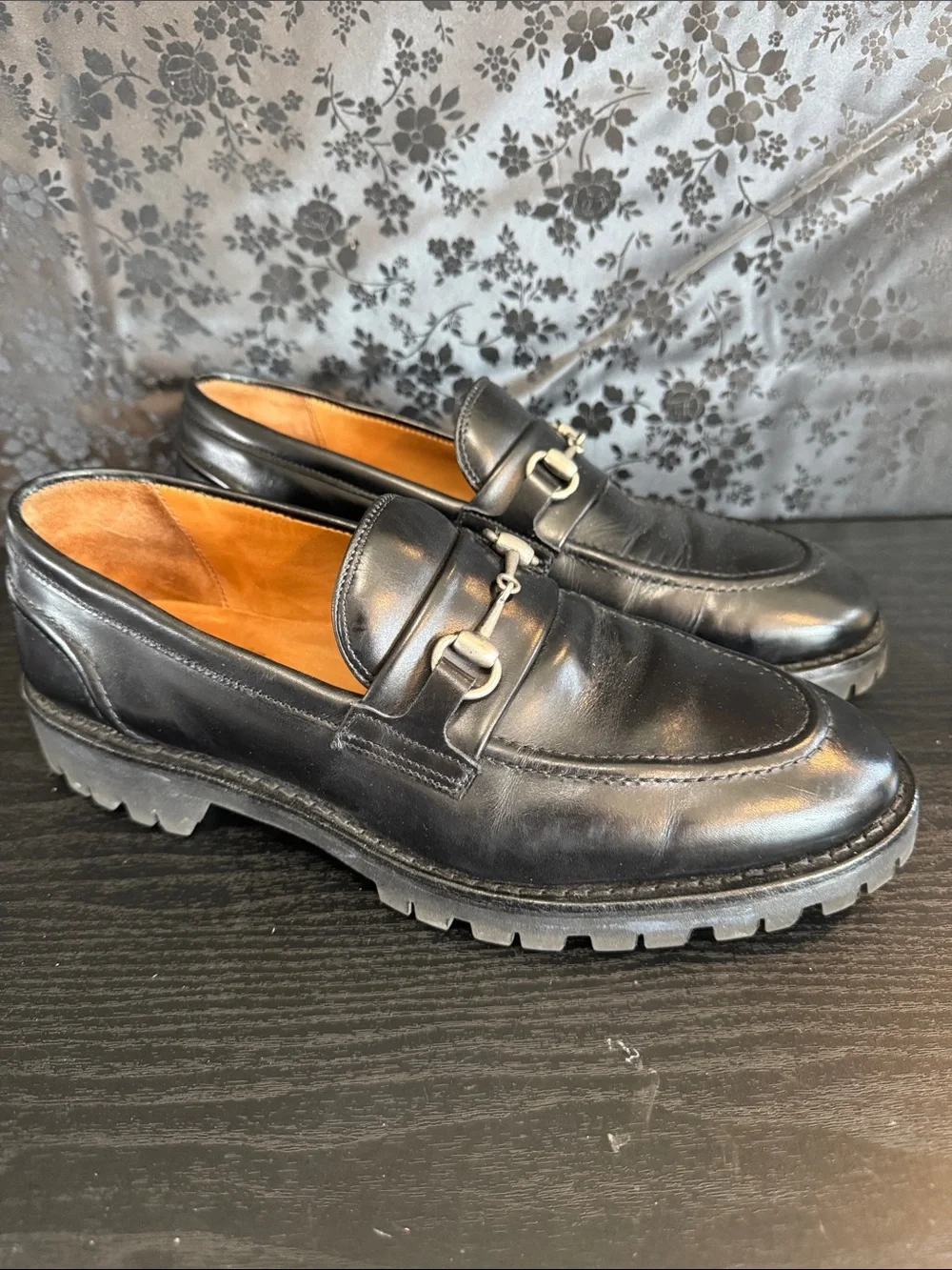 Allen Edmonds Black Leather Bit Loafers with Lug Sole